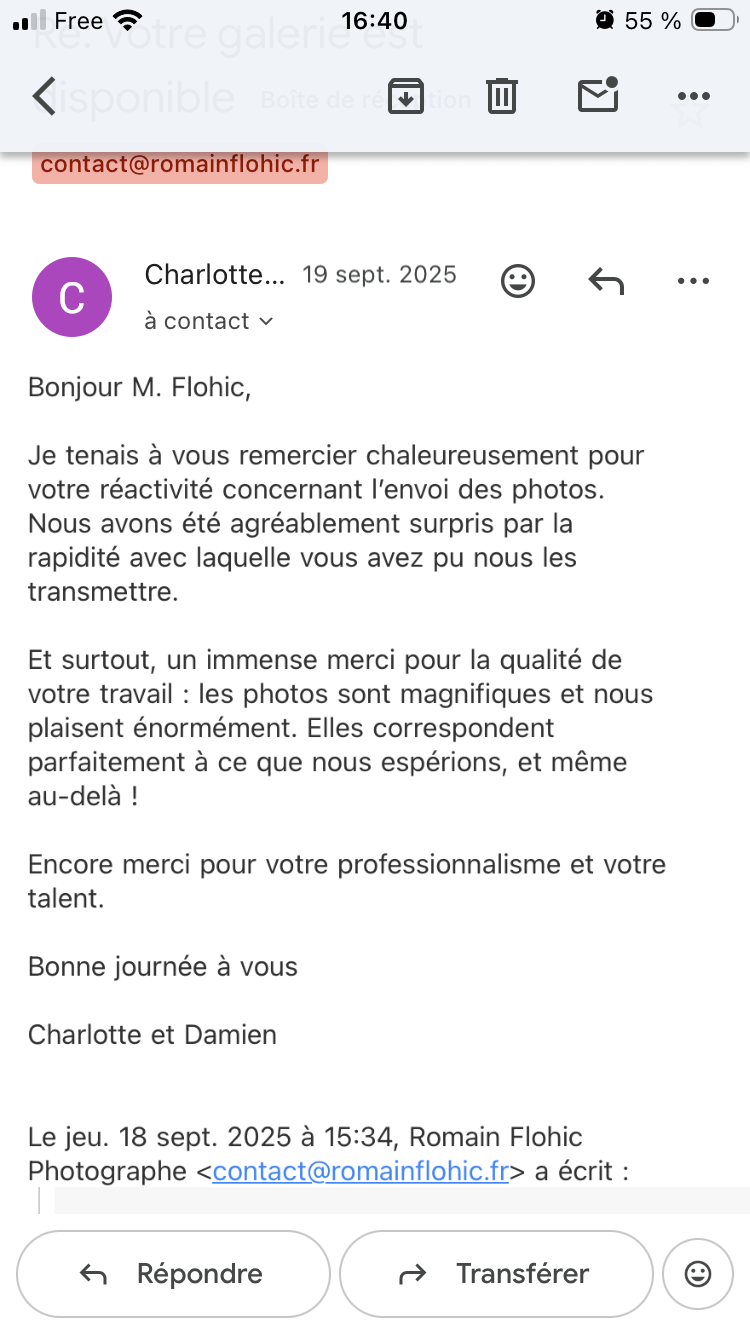 Mail de remerciements de Charlotte et Damien